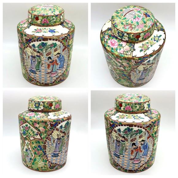Huge Porcelain Canister Famille Rose Asian Figural Gold Gilt Floral Tea Caddy - Picture 8 of 15